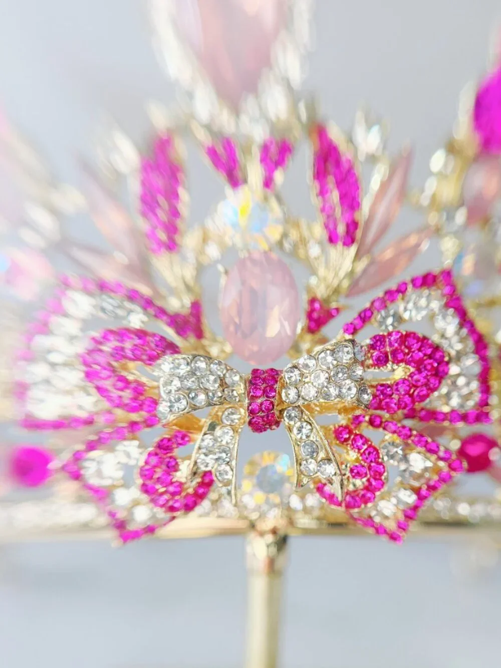 Pink Butterfly Tiara, Gold Crystal Crown for Wedding, Prom & Pageant Headpiece